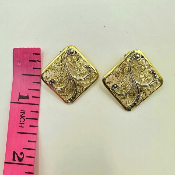 Gold Vermeil Filigree Clip On Vintage Earrings Marked SILVER TIKA Stamped retro - Picture 14 of 16